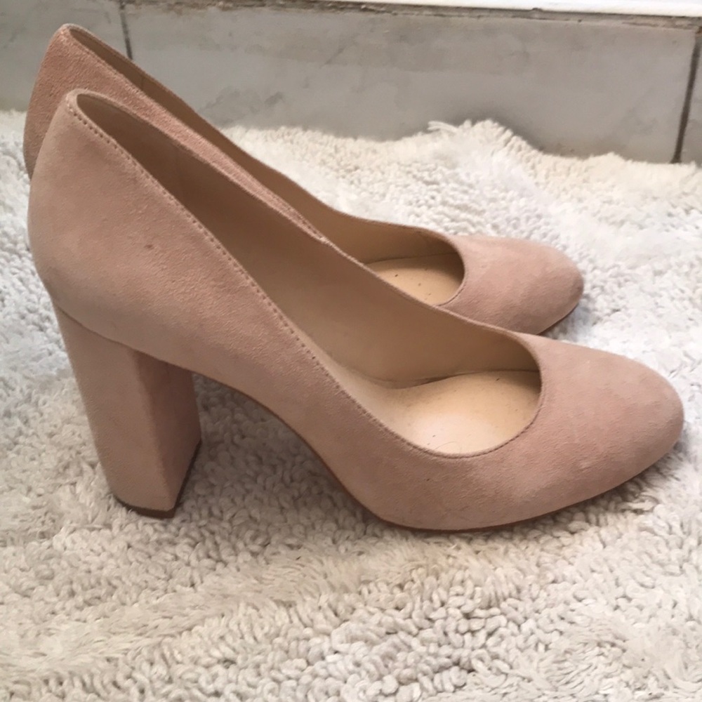 Nude suede Nine West pumps with chunky 3.5” heel